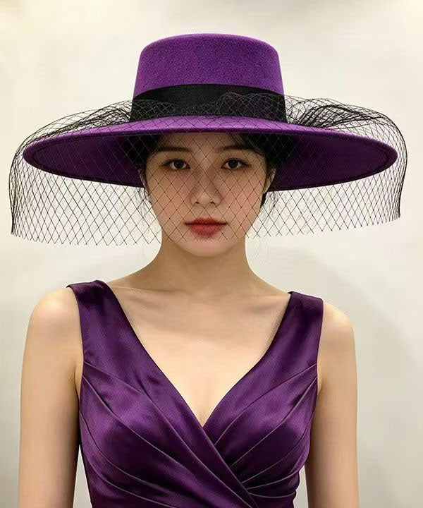 Elegant Purple Patchwork Tulle Cashmere Cloche Hat