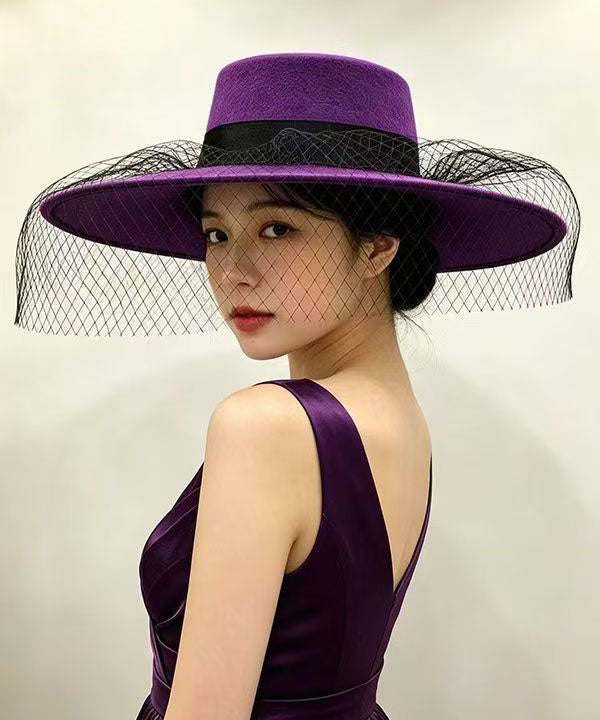 Elegant Purple Patchwork Tulle Cashmere Cloche Hat