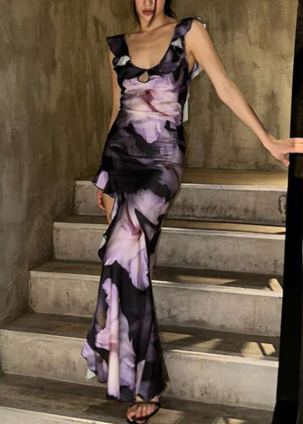 Elegant Purple Ruffled Asymmetrical Print Cotton Dress Summer