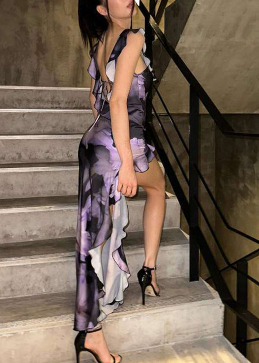 Elegant Purple Ruffled Asymmetrical Print Cotton Dress Summer