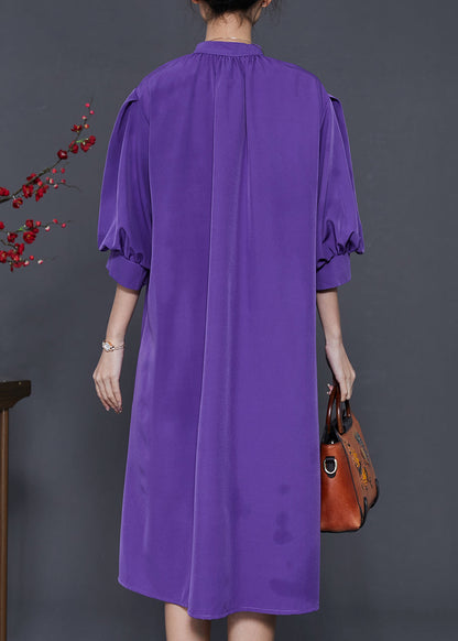 Elegant Purple Stand Collar Puff Sleeve Cotton Sundress