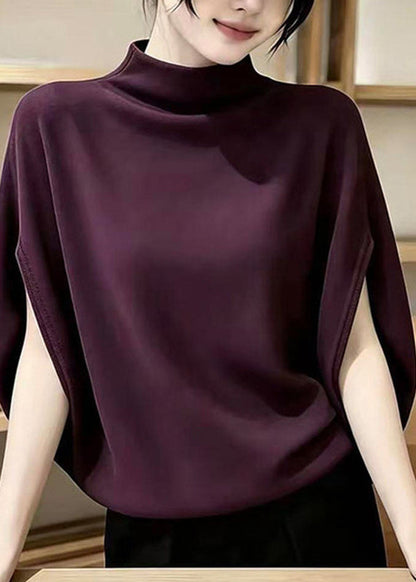 Elegant Purple Stand Collar Solid Top Short Sleeve