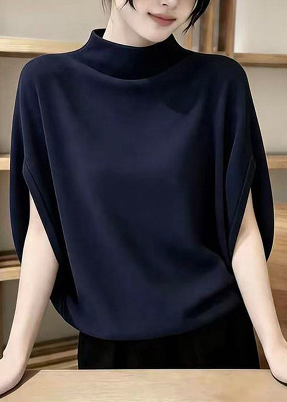 Elegant Purple Stand Collar Solid Top Short Sleeve