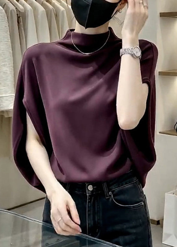 Elegant Purple Stand Collar Solid Top Short Sleeve