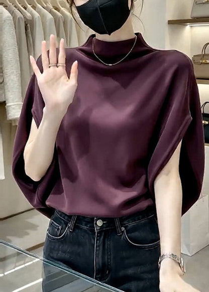Elegant Purple Stand Collar Solid Top Short Sleeve