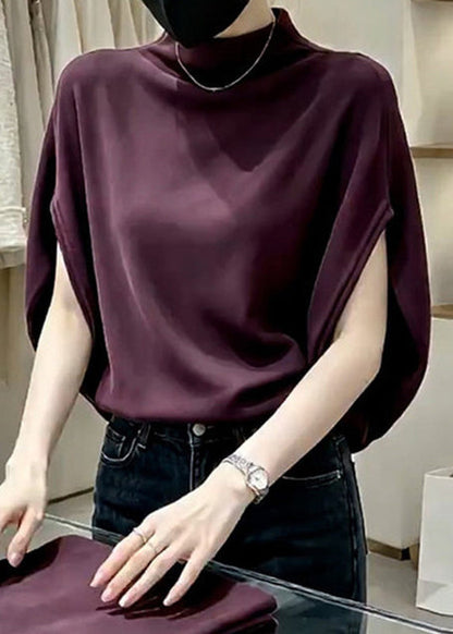 Elegant Purple Stand Collar Solid Top Short Sleeve