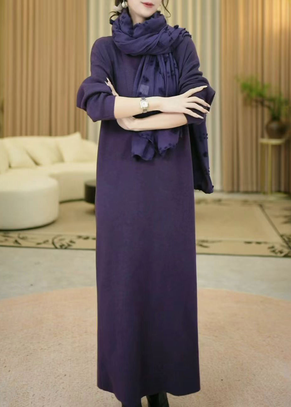 Elegant Purple V Neck Cozy Knit Long Sweater Winter