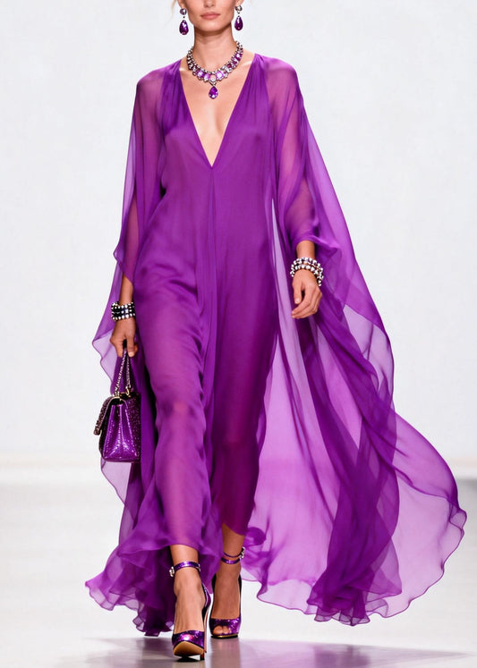 Elegant Purple V Neck Exra Large Hem Chiffon Holiday Dress Summer