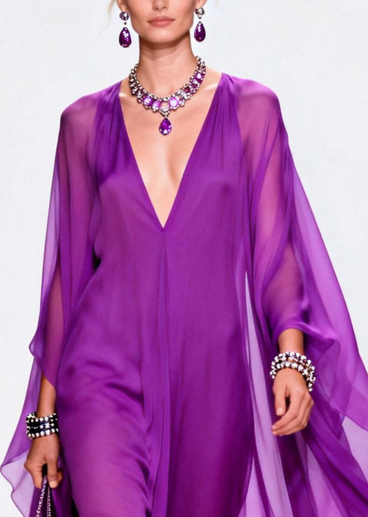 Elegant Purple V Neck Exra Large Hem Chiffon Holiday Dress Summer