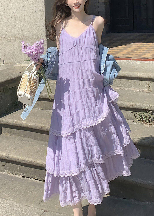 Elegant Purple V Neck Lace Cotton Spaghetti Strap Dress Sleeveless