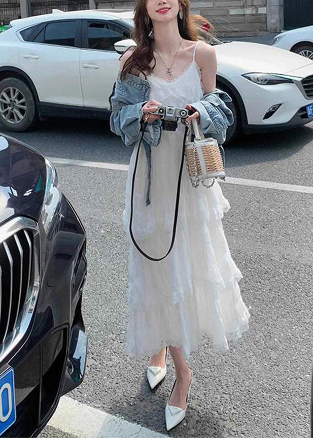 Elegant Purple V Neck Lace Cotton Spaghetti Strap Dress Sleeveless