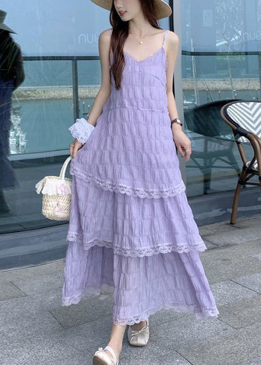 Elegant Purple V Neck Lace Cotton Spaghetti Strap Dress Sleeveless