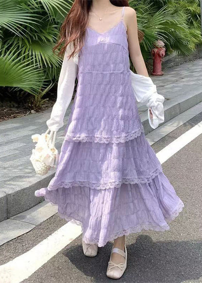 Elegant Purple V Neck Lace Cotton Spaghetti Strap Dress Sleeveless