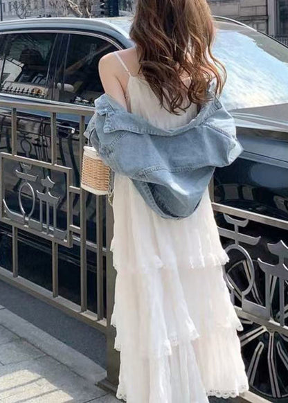 Elegant Purple V Neck Lace Cotton Spaghetti Strap Dress Sleeveless