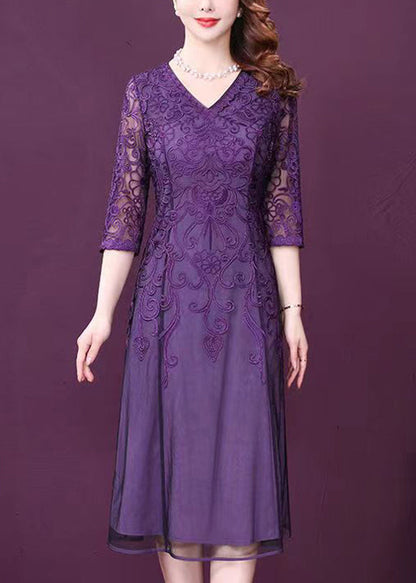 Elegant Purple V Neck Lace Patchwork Tulle Dresses Half Sleeve