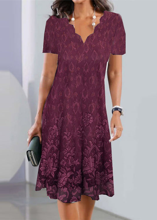 Elegant Purple V Neck Lace Wrinkled Mid Dress Summer