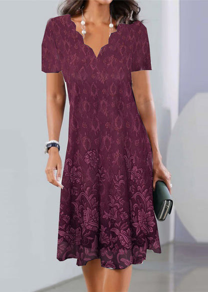 Elegant Purple V Neck Lace Wrinkled Mid Dress Summer