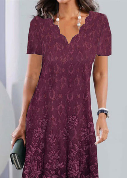 Elegant Purple V Neck Lace Wrinkled Mid Dress Summer