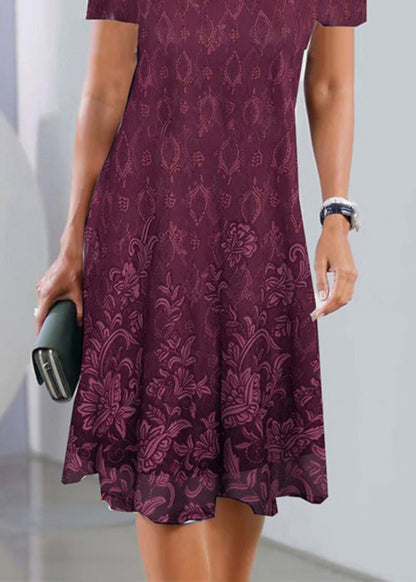 Elegant Purple V Neck Lace Wrinkled Mid Dress Summer