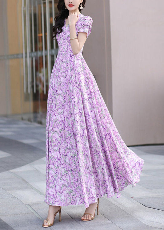 Elegant Purple V Neck Print Wrinkled Chiffon Dress Summer