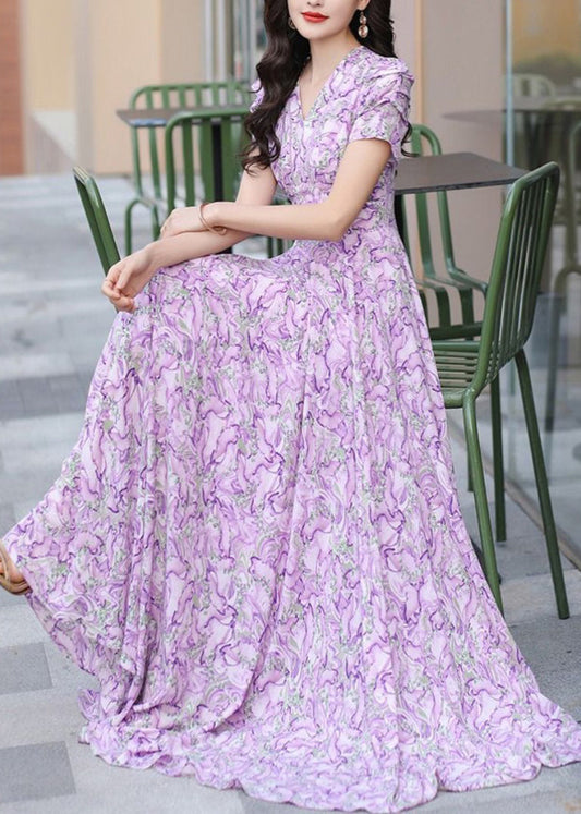Elegant Purple V Neck Print Wrinkled Chiffon Dress Summer