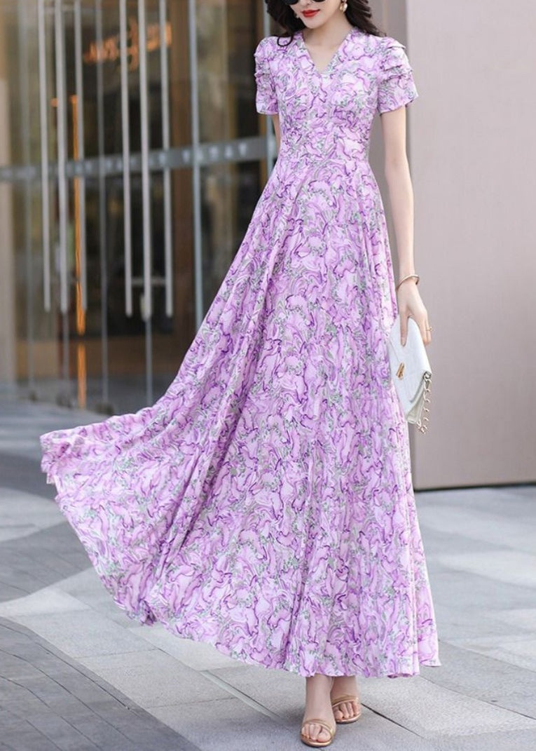 Elegant Purple V Neck Print Wrinkled Chiffon Dress Summer