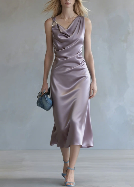 Elegant Purple Wrinkled Silk Spaghetti Strap Dress Summer
