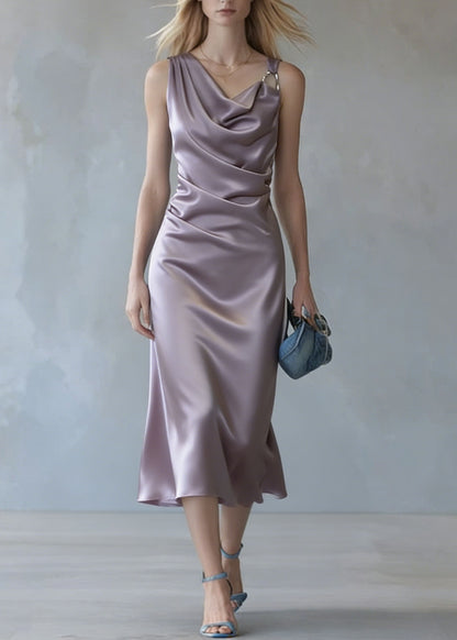 Elegant Purple Wrinkled Silk Spaghetti Strap Dress Summer