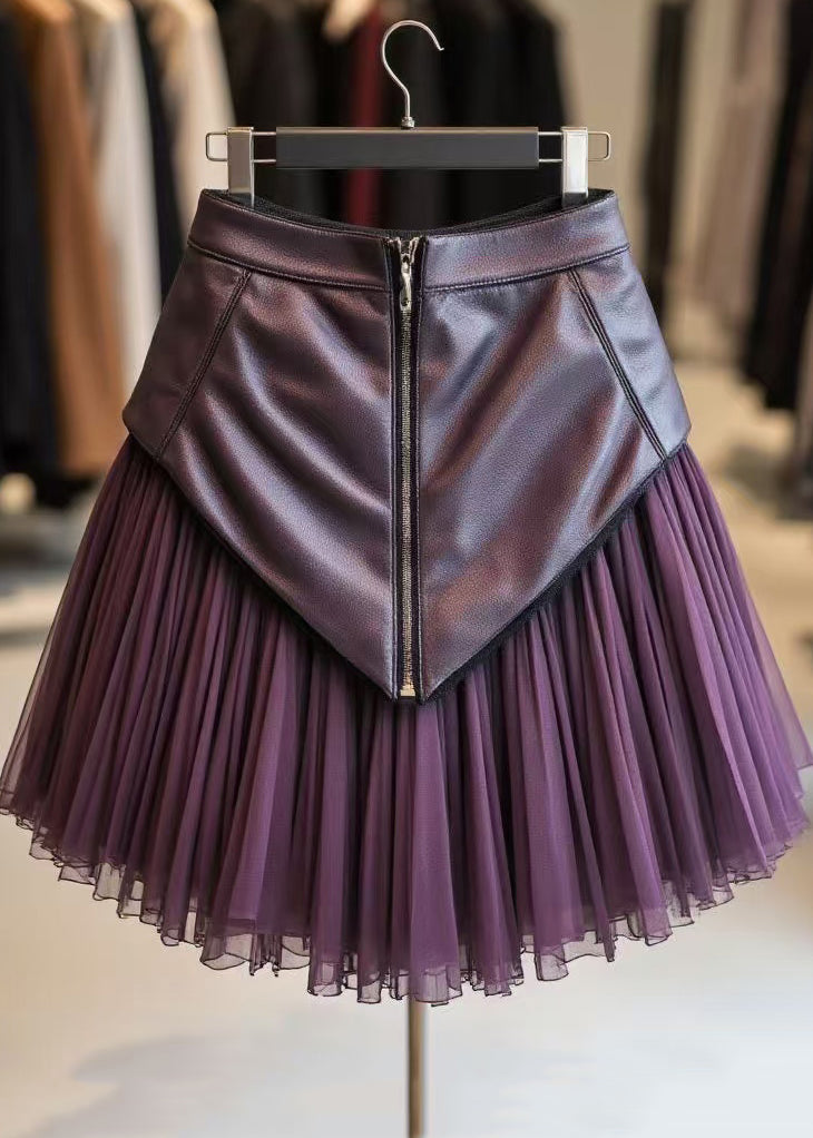 Elegant Purple Zippered Wrinkled Tulle Patchwork Skirts Spring