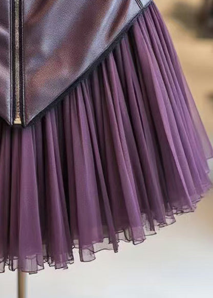 Elegant Purple Zippered Wrinkled Tulle Patchwork Skirts Spring