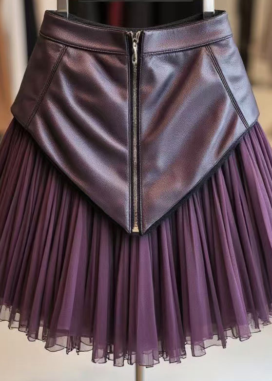 Elegant Purple Zippered Wrinkled Tulle Patchwork Skirts Spring