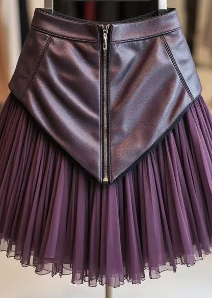 Elegant Purple Zippered Wrinkled Tulle Patchwork Skirts Spring