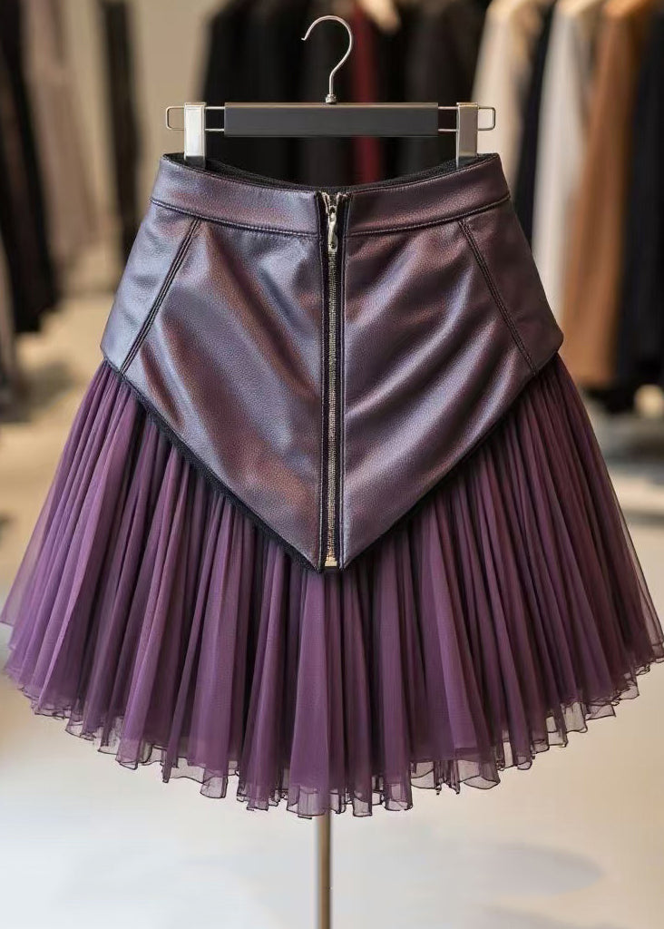 Elegant Purple Zippered Wrinkled Tulle Patchwork Skirts Spring