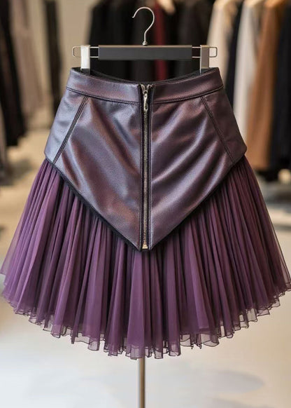 Elegant Purple Zippered Wrinkled Tulle Patchwork Skirts Spring