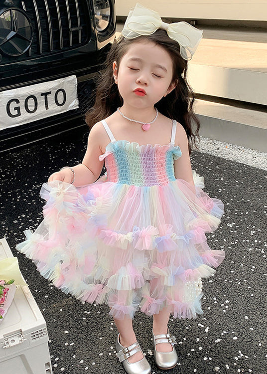 Elegant Rainbow Ruffled Exra Large Hem Tulle Kids Girls Spaghetti Strap Dress Summer