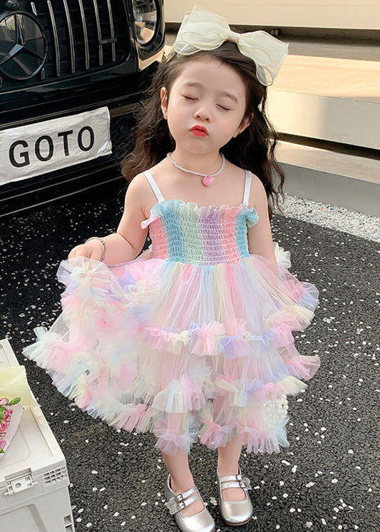 Elegant Rainbow Ruffled Exra Large Hem Tulle Kids Girls Spaghetti Strap Dress Summer