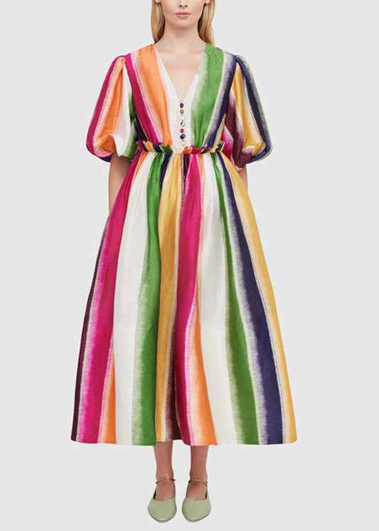 Elegant Rainbow V Neck High Waist Cotton Long Dress Summer