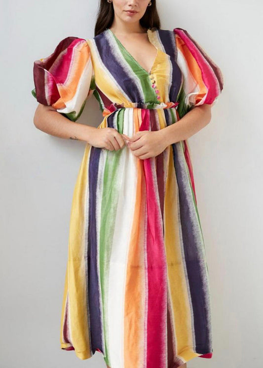 Elegant Rainbow V Neck High Waist Cotton Long Dress Summer