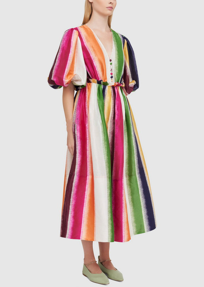 Elegant Rainbow V Neck High Waist Cotton Long Dress Summer