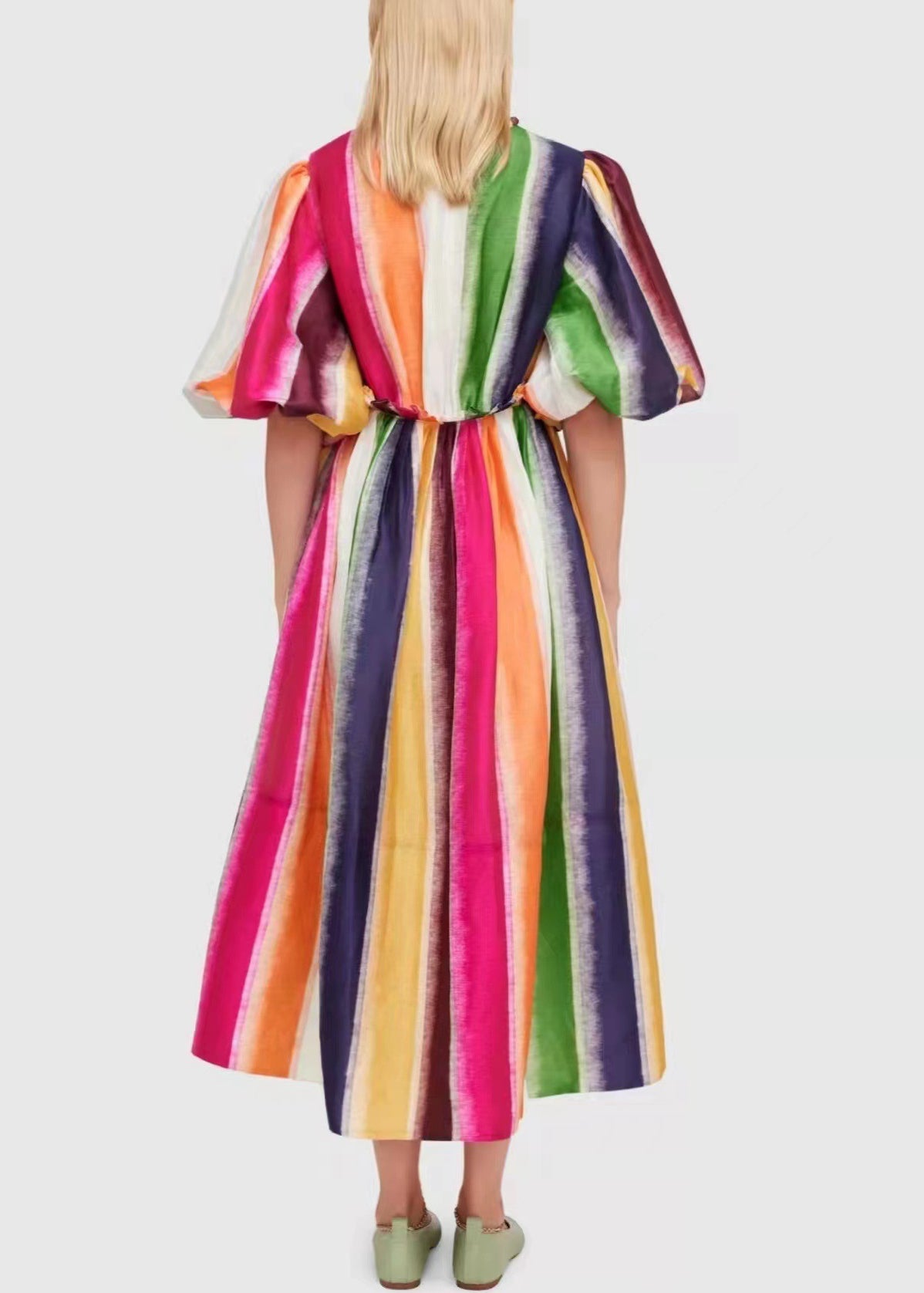 Elegant Rainbow V Neck High Waist Cotton Long Dress Summer