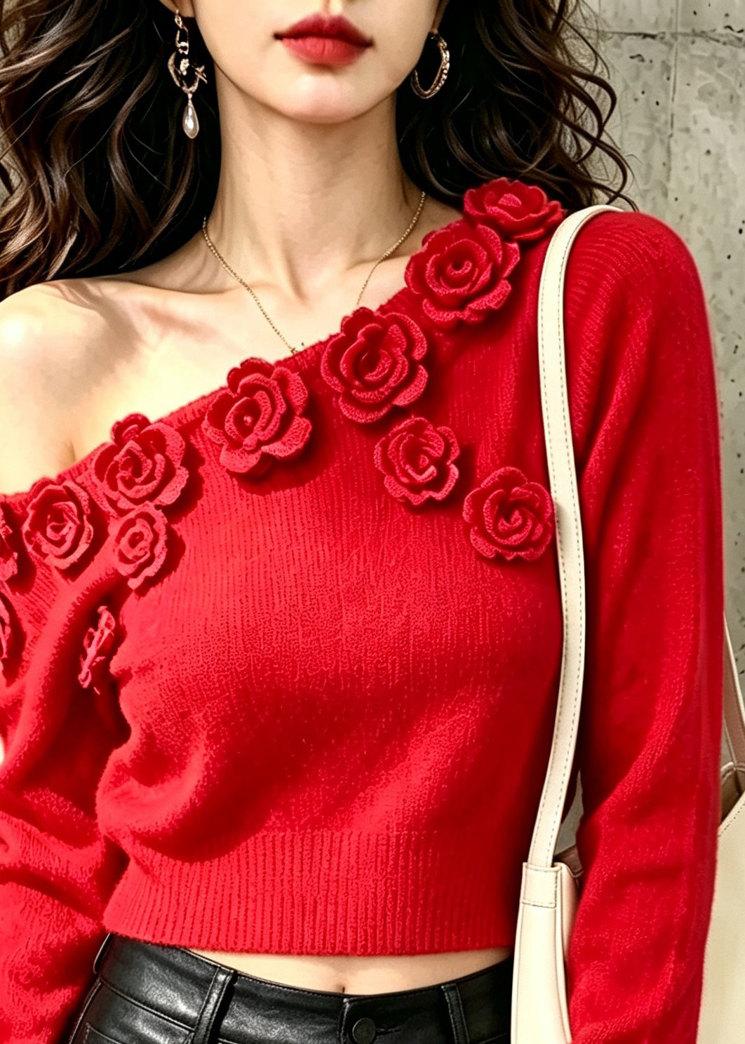 Elegant Red Asymmetrical Sculptural Floral Knit Knit Pullover Fall