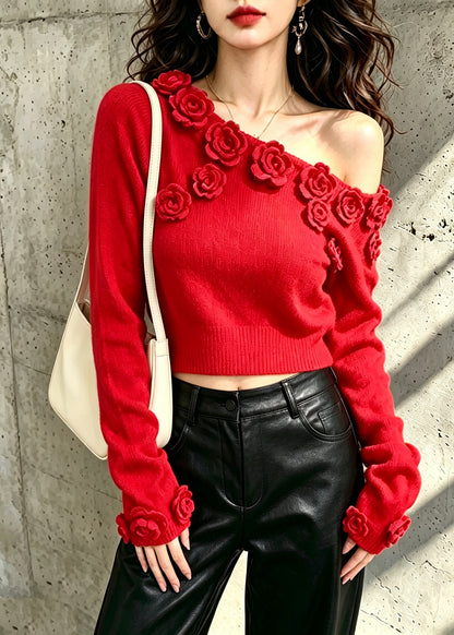 Elegant Red Asymmetrical Sculptural Floral Knit Knit Pullover Fall