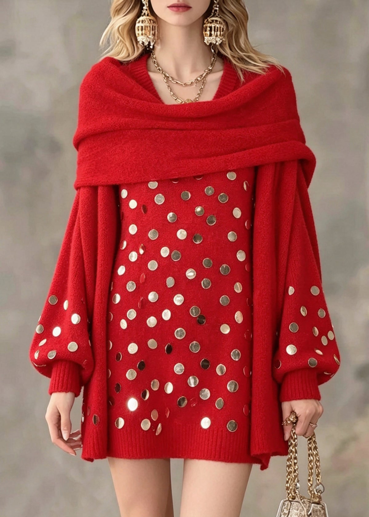 Elegant Red Asymmetrical Sequins Cotton Knit Sweater Lantern Sleeve