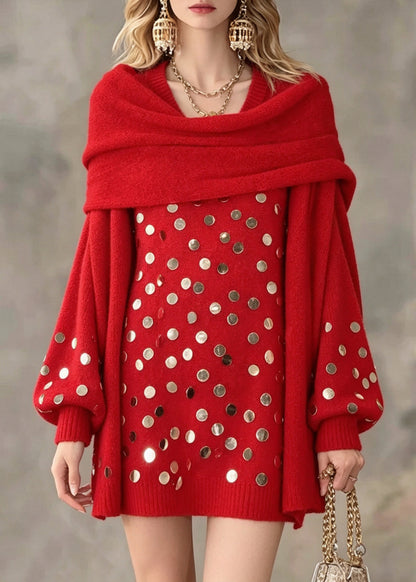 Elegant Red Asymmetrical Sequins Cotton Knit Sweater Lantern Sleeve