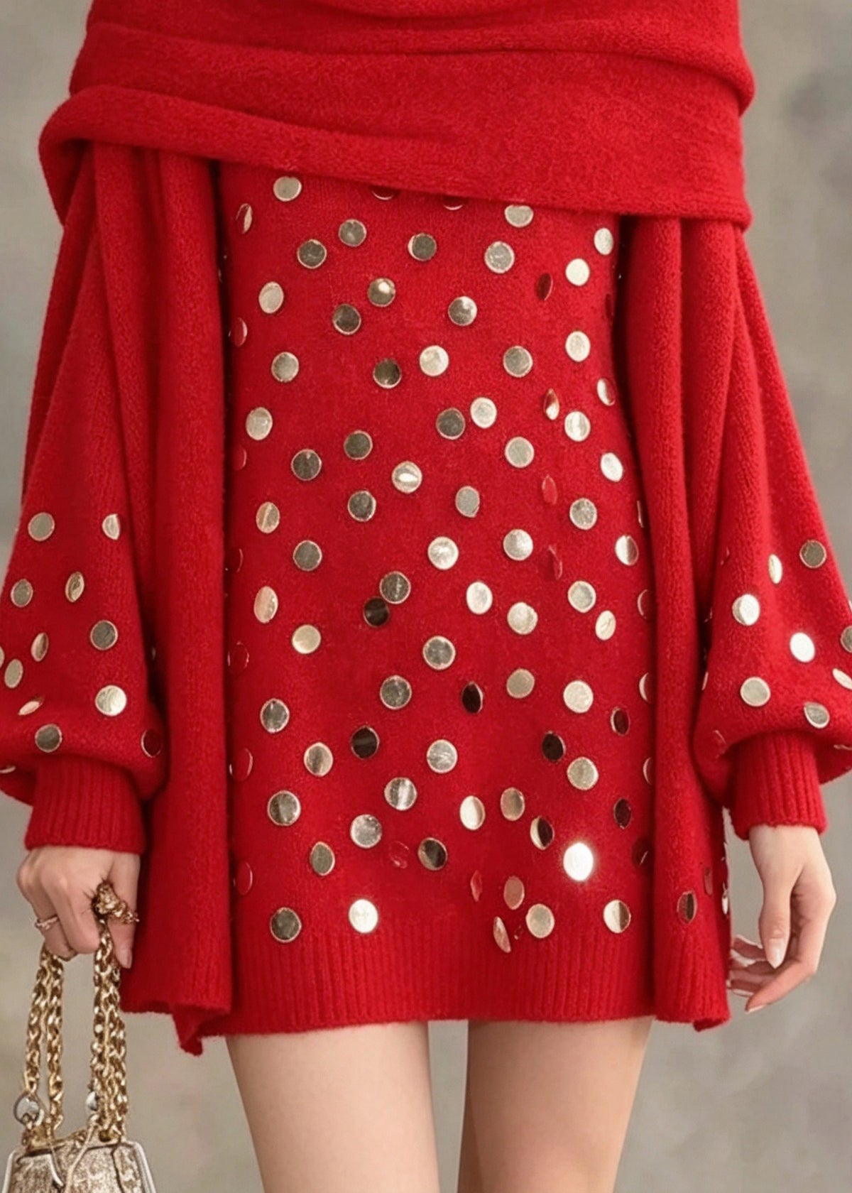 Elegant Red Asymmetrical Sequins Cotton Knit Sweater Lantern Sleeve
