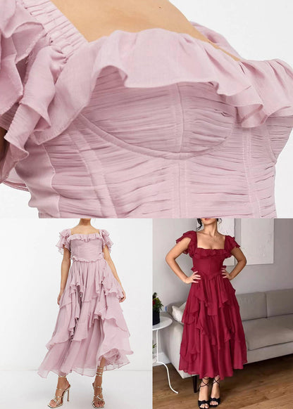 Elegant Red Backless Ruffled Cotton Long Dress Summer