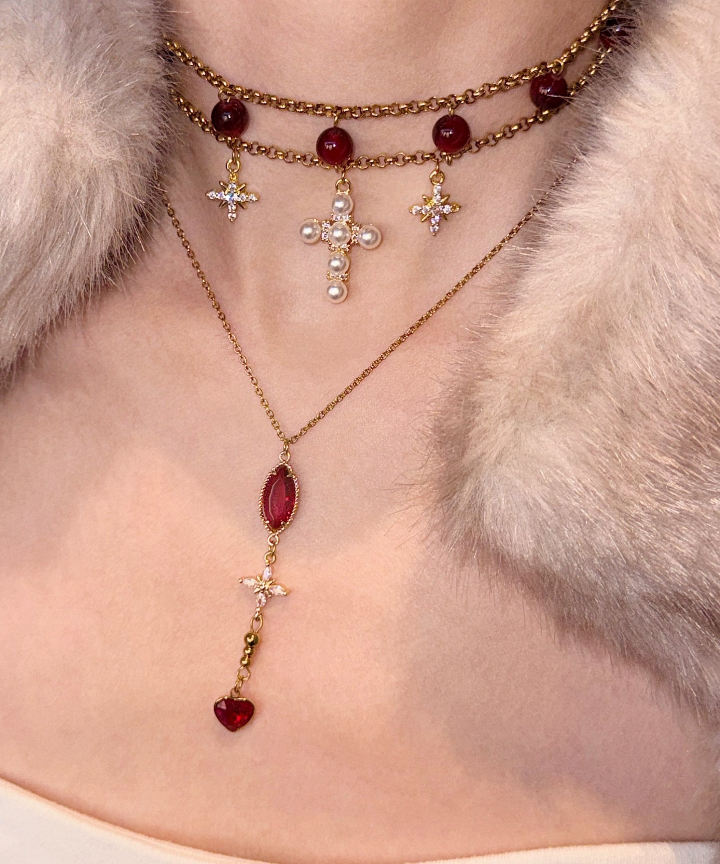 Elegant Red Cat's Eye Cross Layering Alloy Two Piece Set Pendant Necklace