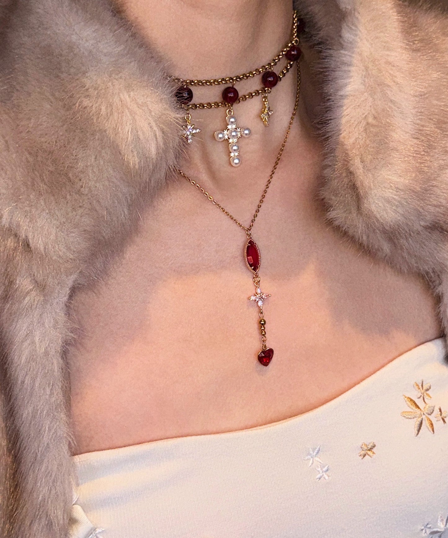 Elegant Red Cat's Eye Cross Layering Alloy Two Piece Set Pendant Necklace