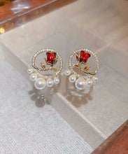 Load image into Gallery viewer, Elegant Red Copper Zircon Pearl Rose Stud Earrings