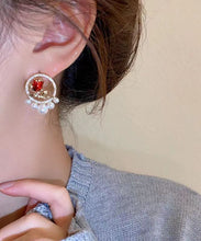 Load image into Gallery viewer, Elegant Red Copper Zircon Pearl Rose Stud Earrings